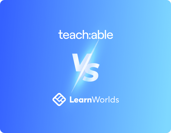 The logos of Teachable vs LearnWorlds, with a blue backdrop.