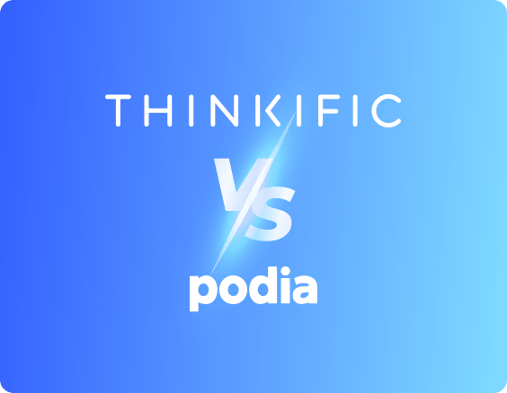 The logos of Thinkific and Podia, with a blue backdrop.