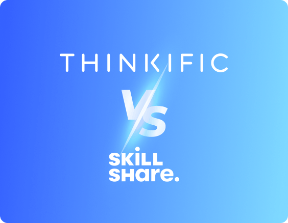 The logos of Thinkific and Skillshare, with a blue backdrop.