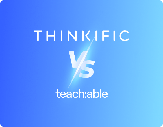 The logos of Thinkific and Teachable, with a blue backdrop.