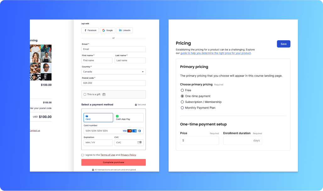 A screenshot of course marketing solutions: Sales checkout and digital product pricing.