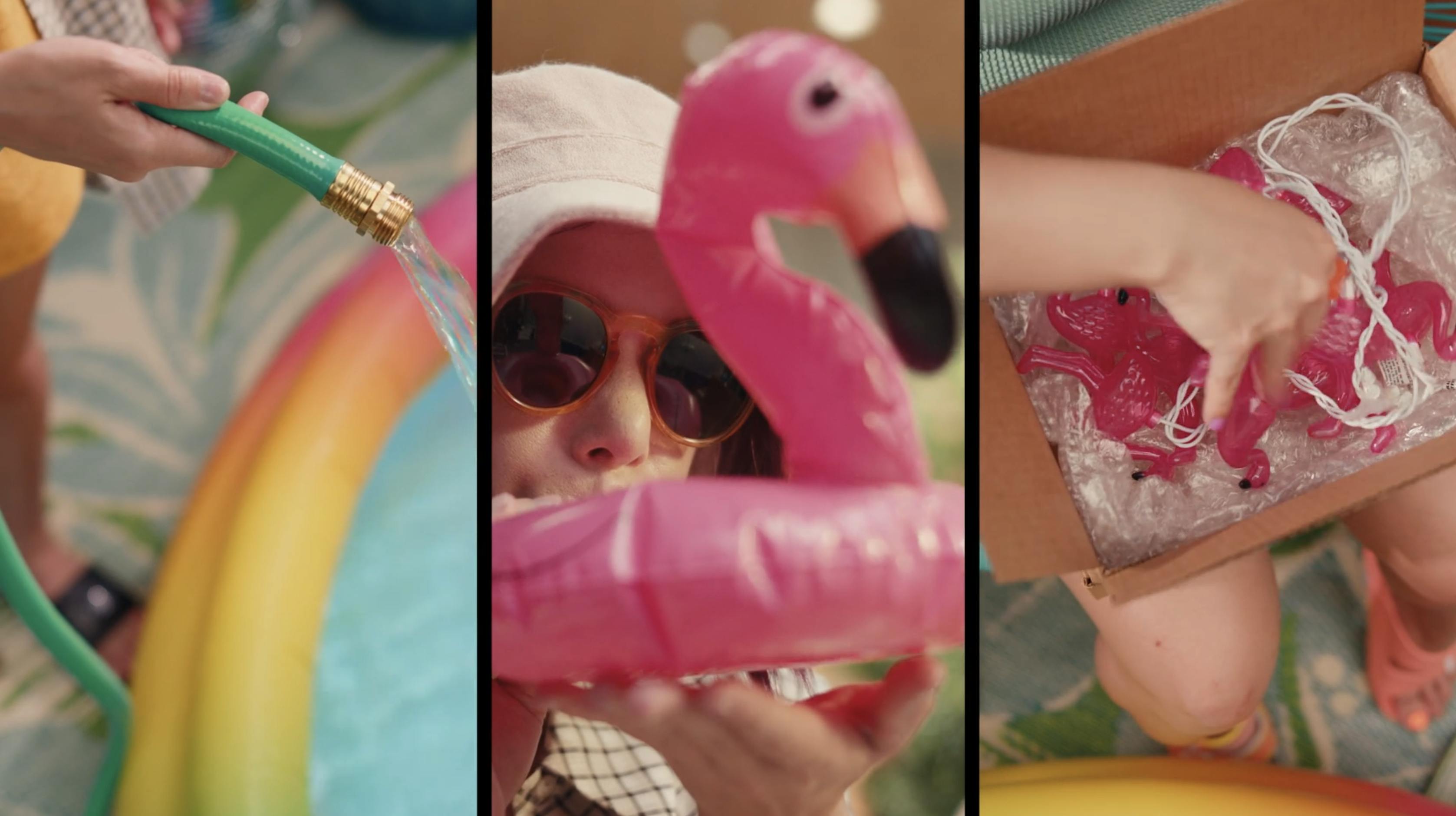 A triptych of three photos: a hose with water, a pink inflatable flamingo, and a box of pink lights