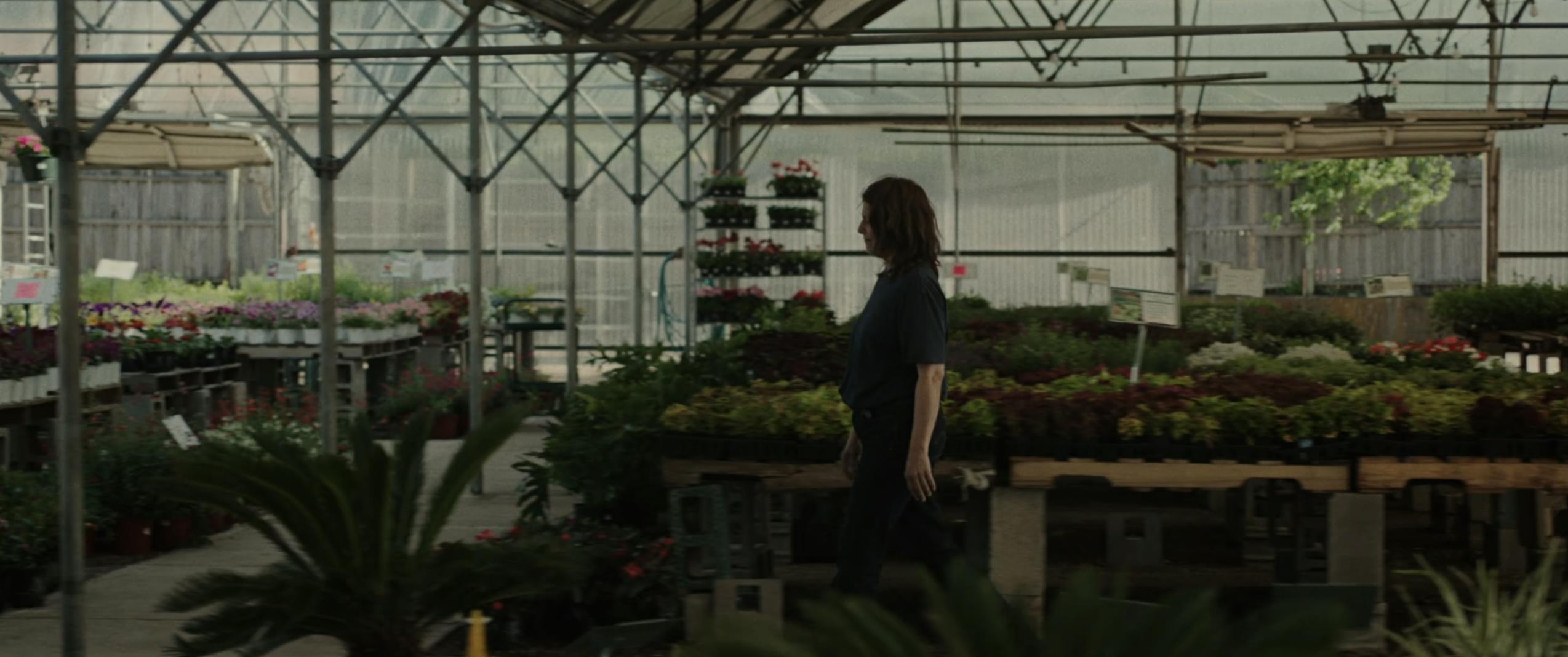 A woman walks through a plant nursery greenhouse