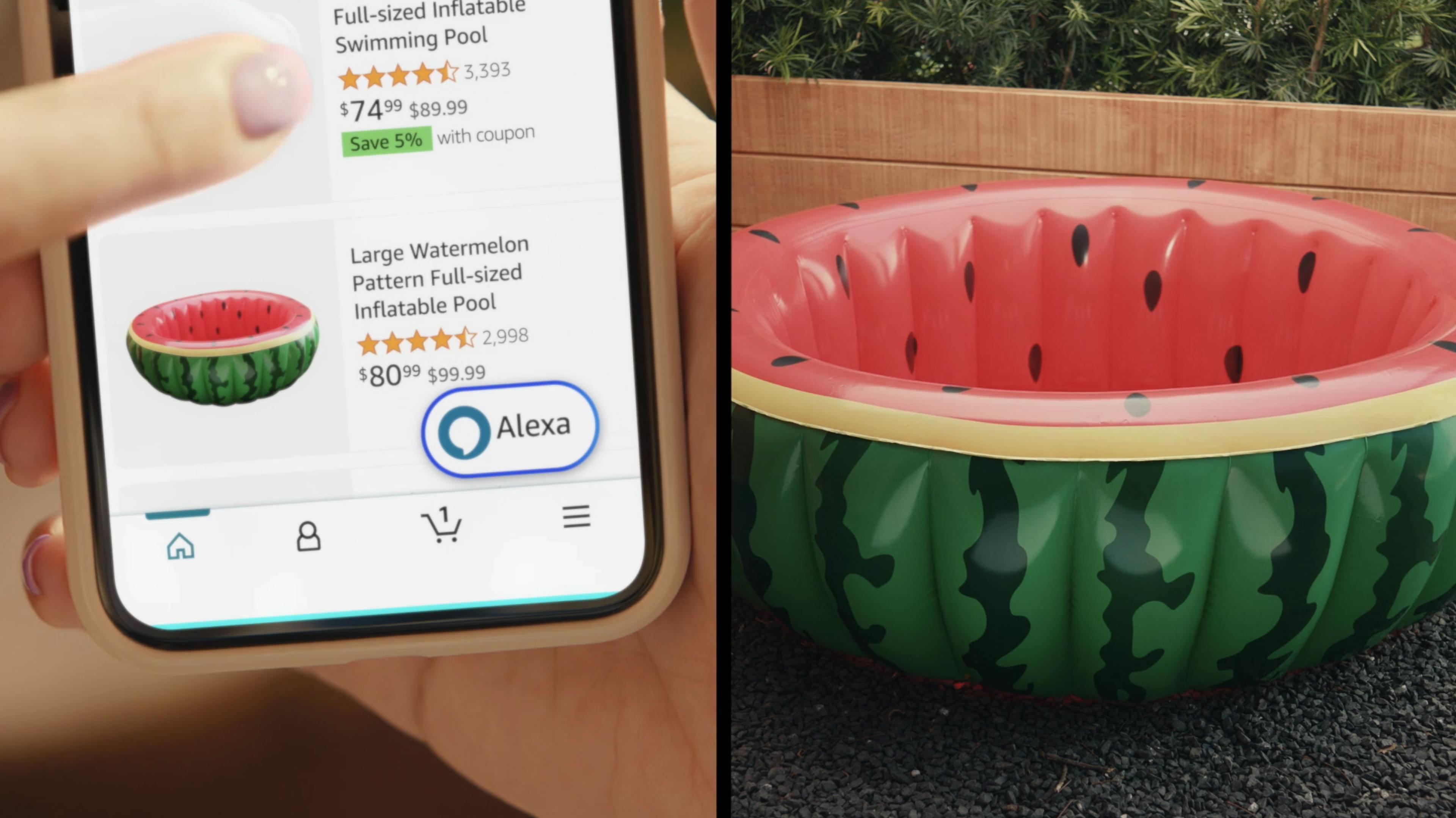 A diptych showing two photos: on the left, a phone on the Amazon app showing an inflatable pool in the pattern of a watermelon, on the right the inflatable watermelon pool on a porch