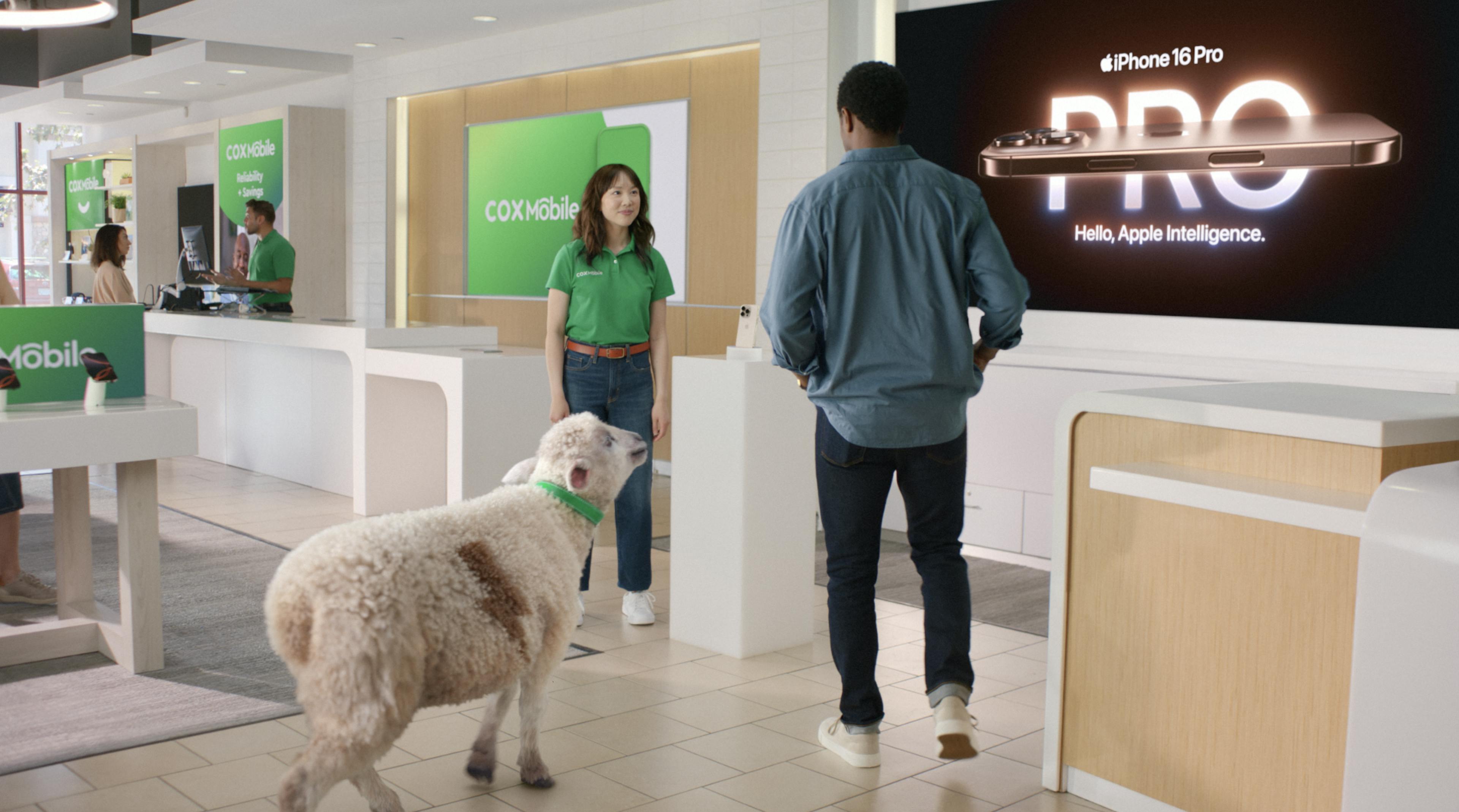 Annie the sheep and man talking to woman at Cox Mobile store with Iphone 16 on display.