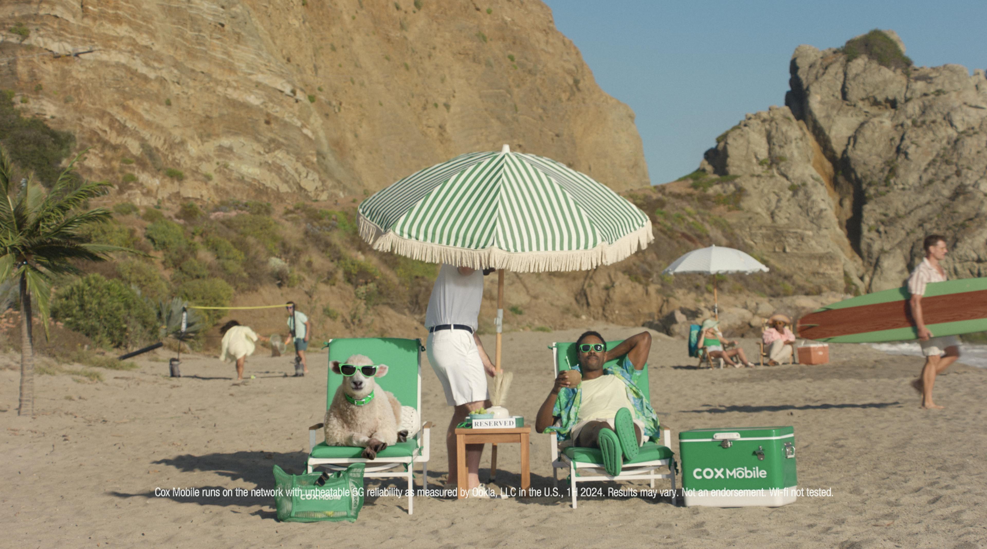 Annie the sheep and man at the beach