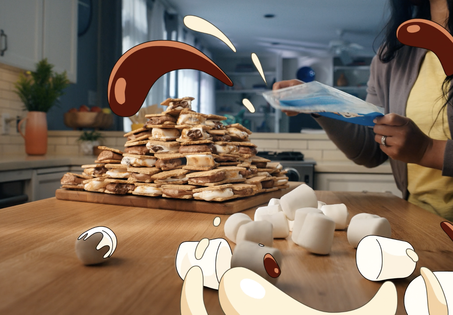 A mountain of Stuffed Puff smores and large marshmallows on a dining table