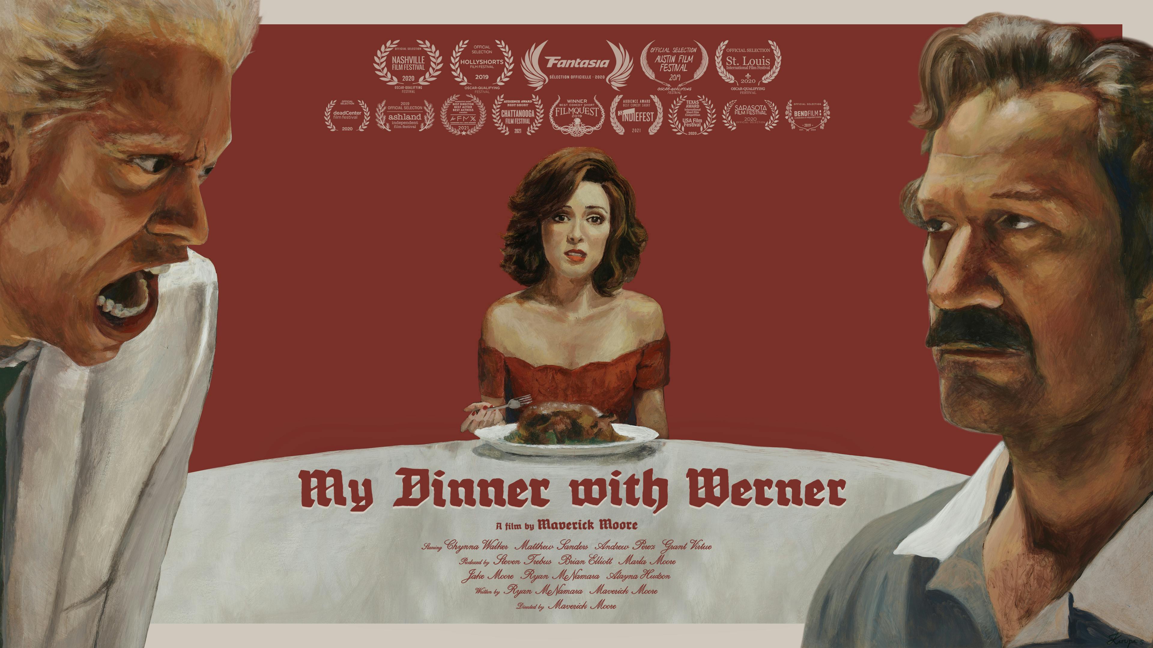 A movie poster for "My Dinner with Werner" with a woman in a red dress in the center and a man in a white suit yelling at a man on the right
