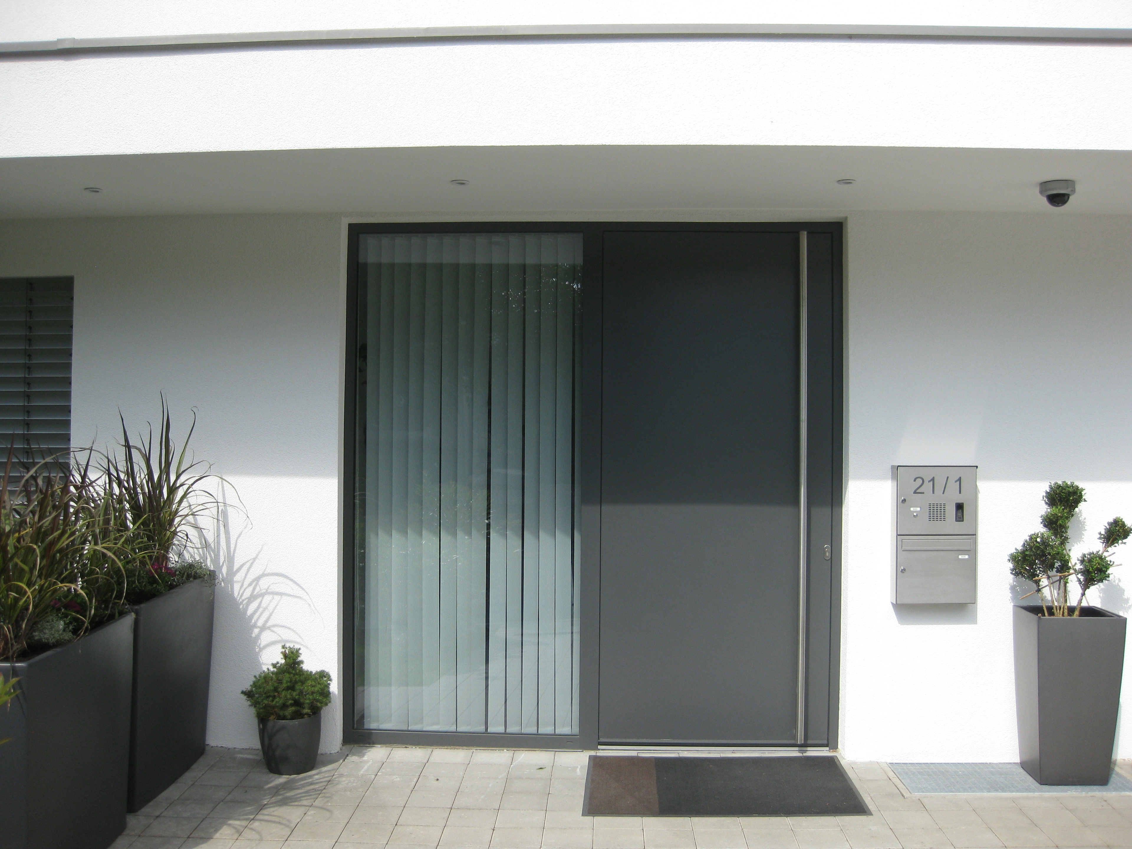 moderner Hauseingang mit Sichtschutzverglasung und minimalistischer Gestaltung
