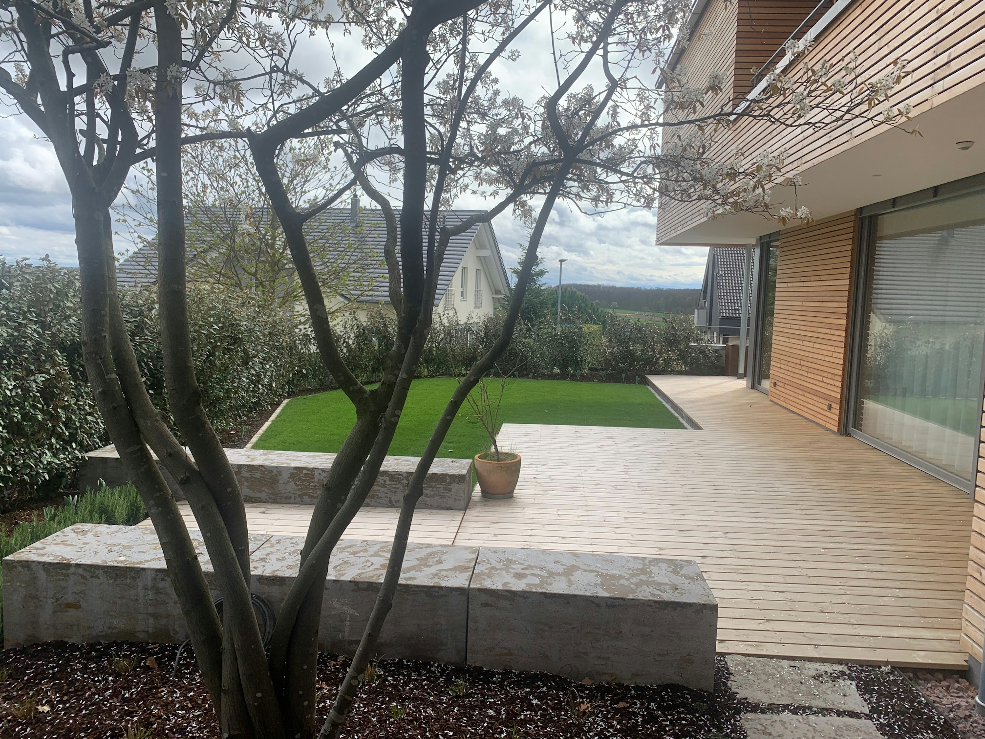 Blick durch blühenden Baum auf die Terrasse und den gepflegten Rasen – Gartenansicht des Wohnhauses RL 22