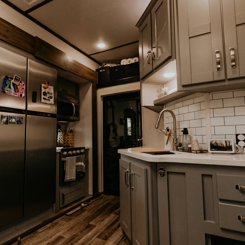 A view of a spacious RV kitchen.