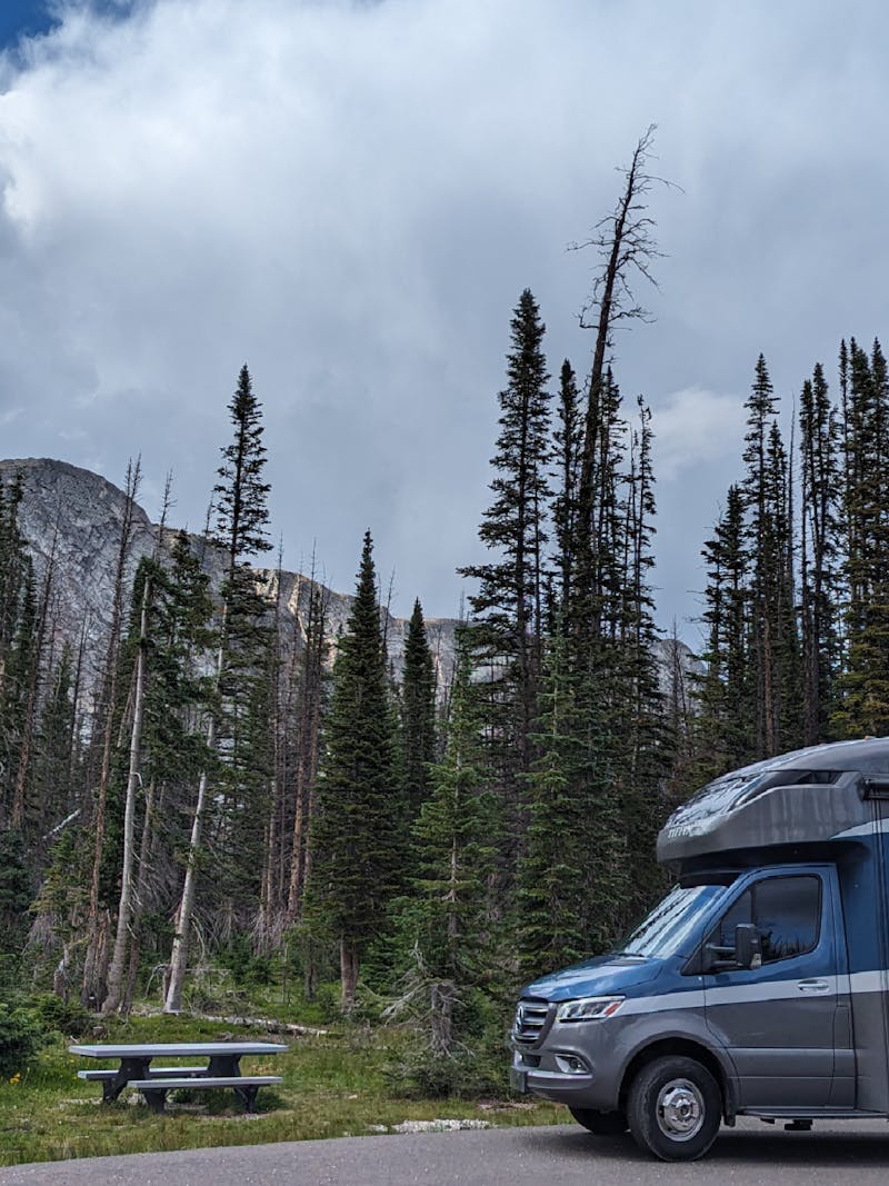 Dustin and Sarah Bauer's Tiffin Wayfarer Class C Motorhome parked in Medicine Bow Routt National Forest