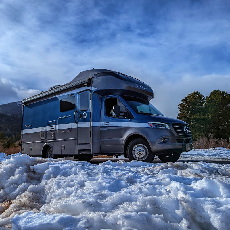 Dustin and Sarah Bauer's RV parked in the snow