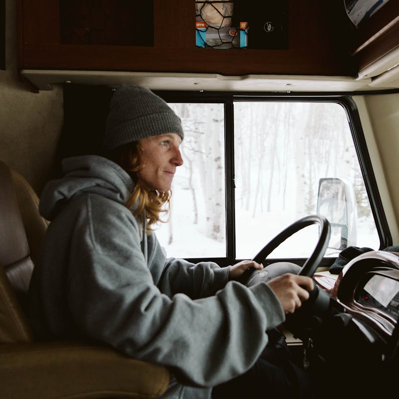 Ryan driving his RV through snow.