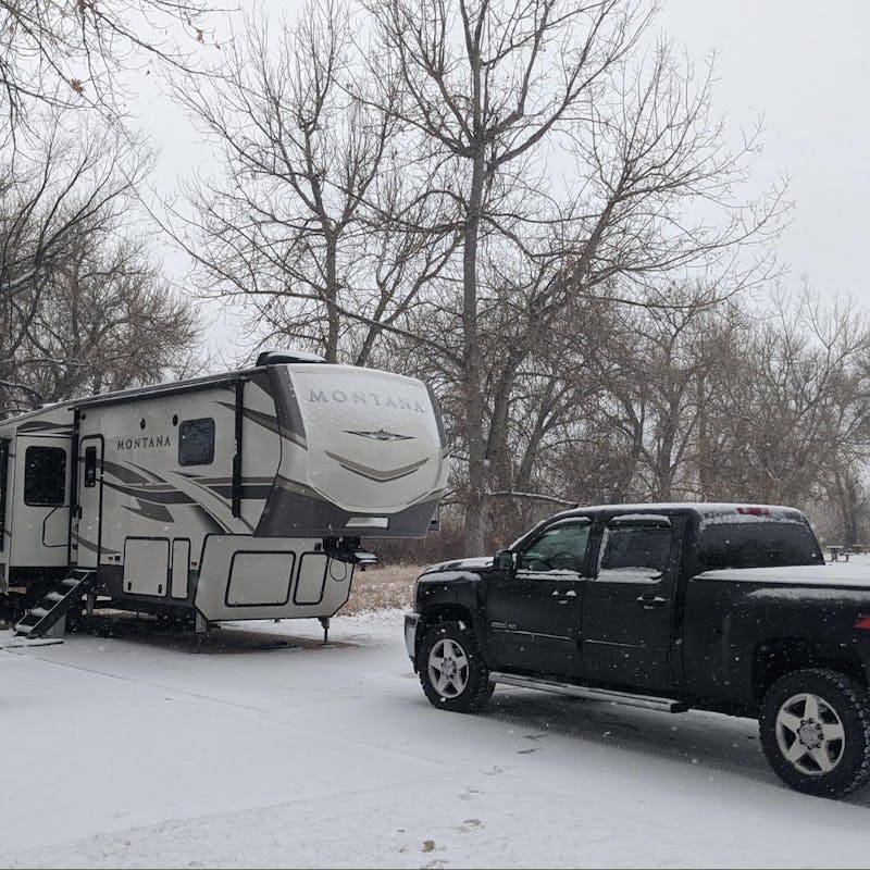 Mike and Brittany Ciepluch's parked in the snow at a campground.
