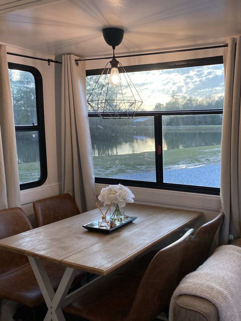 A view out an RV window of a lake in Vinton, Louisiana. 