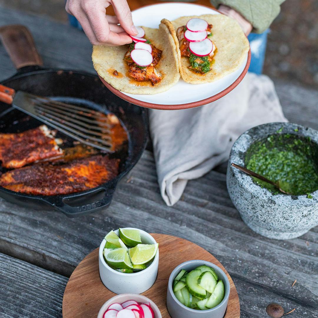 Blackened Rockfish Tacos with Traditional Chimichurri and Fire Roasted