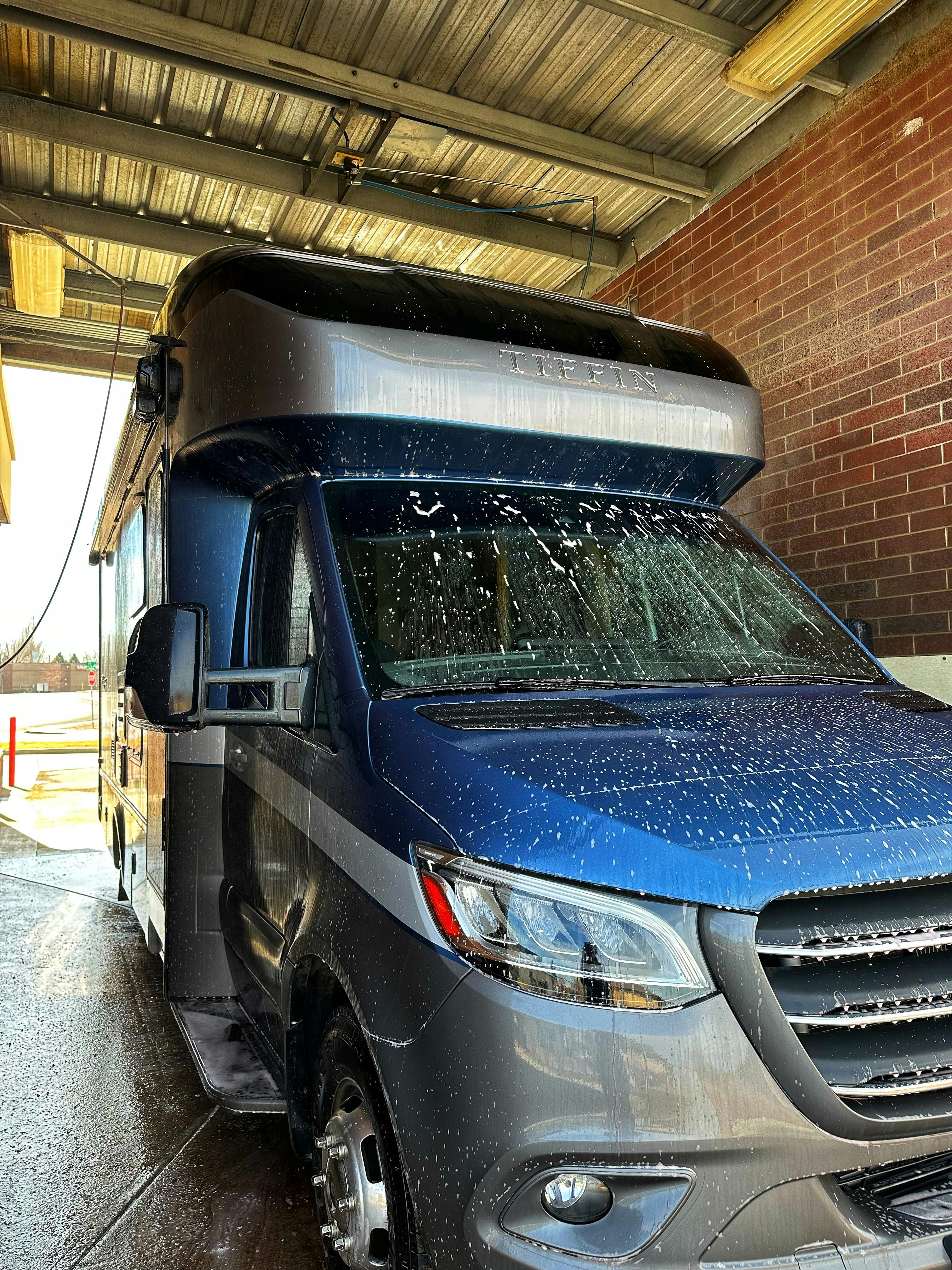 Dustin and Sarah Bauer's RV covered in soapy water