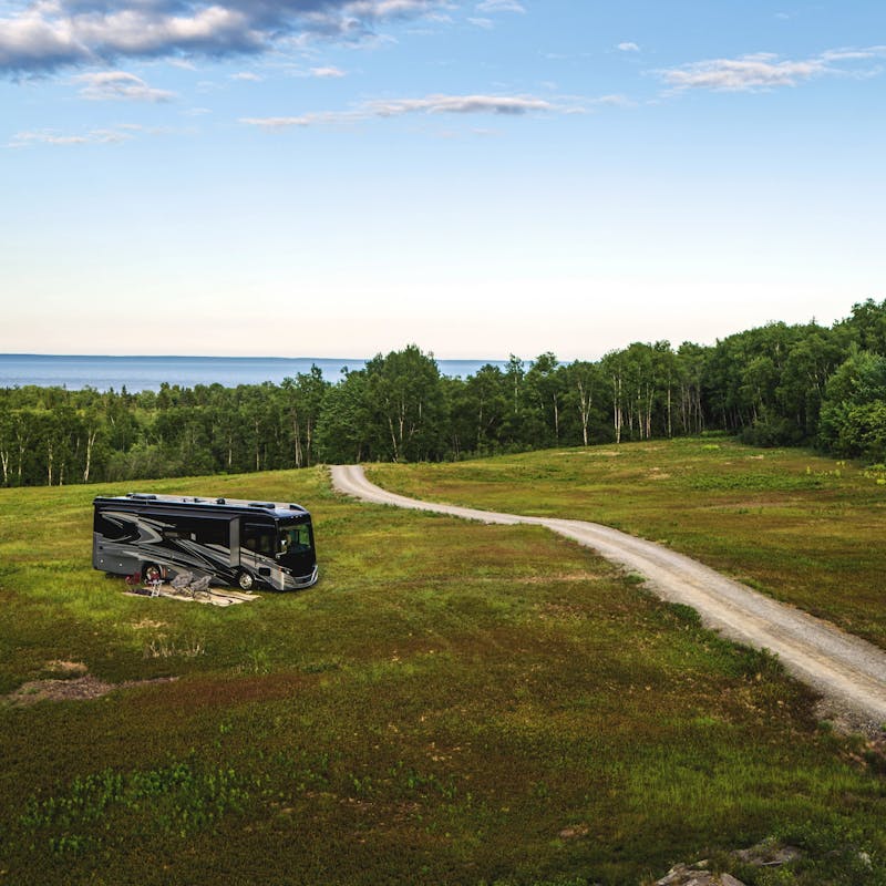 A Tiffin Class A Motorhome boondocking near the ocean