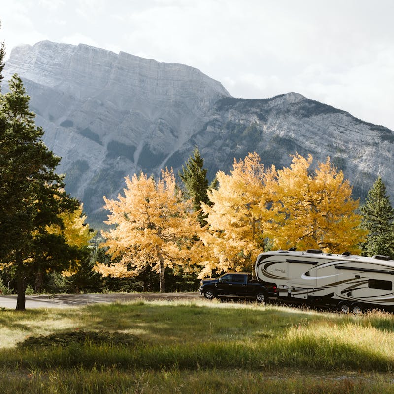 A beautiful nature view with evergreens in the foreground, trees with golden leaves and a mountain in the background, and the truck pulling an RV parked in the middle.