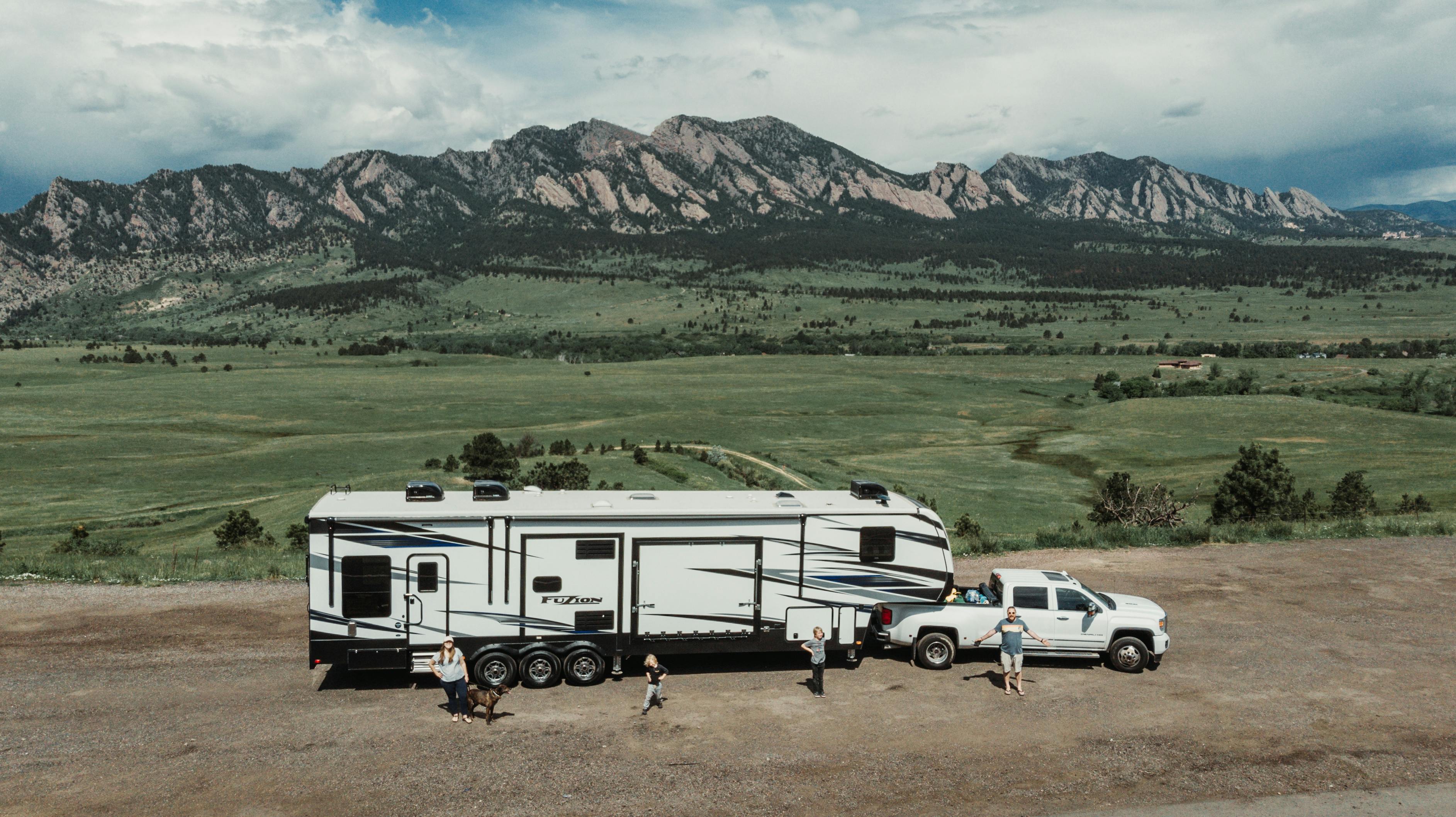 Andy and Kristen Murphy's RV parked in front of a mountain range at Estes Park