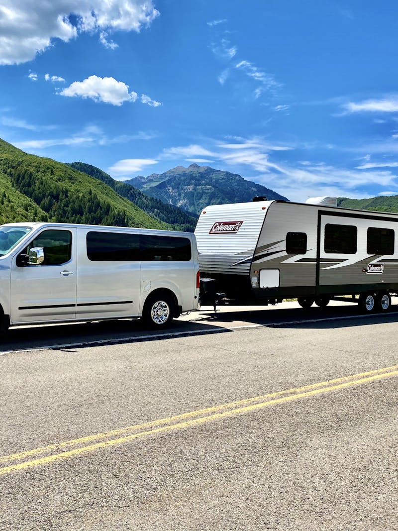 Christine Barton's travel trailer pulled over on a beautiful mountain road