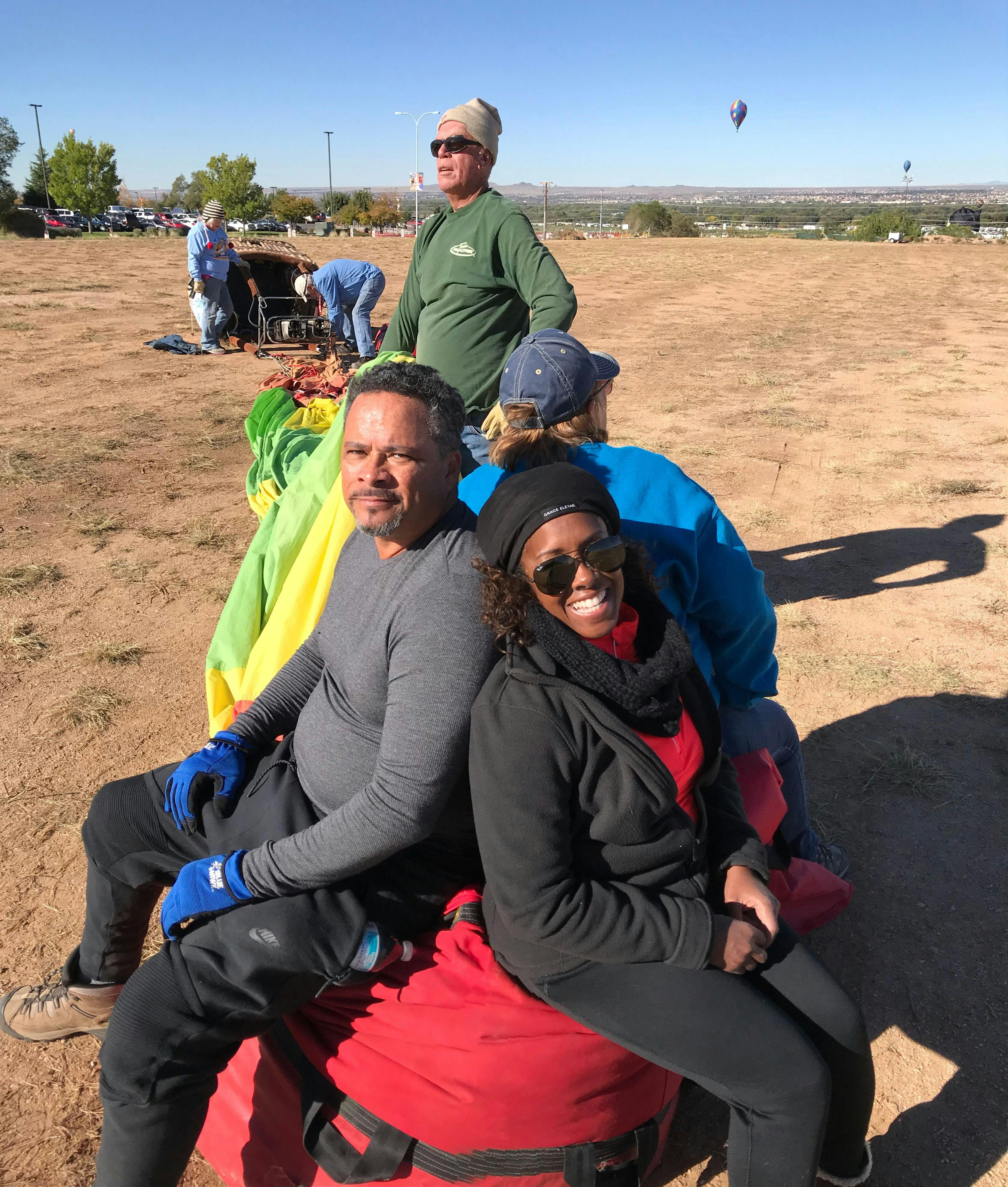 Robin and Warren Baxter preparing to help blow up a hot air balloon