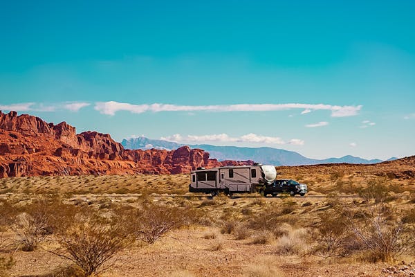 about travel trailers Renee Tilby's Keystone Montana driving through the desert