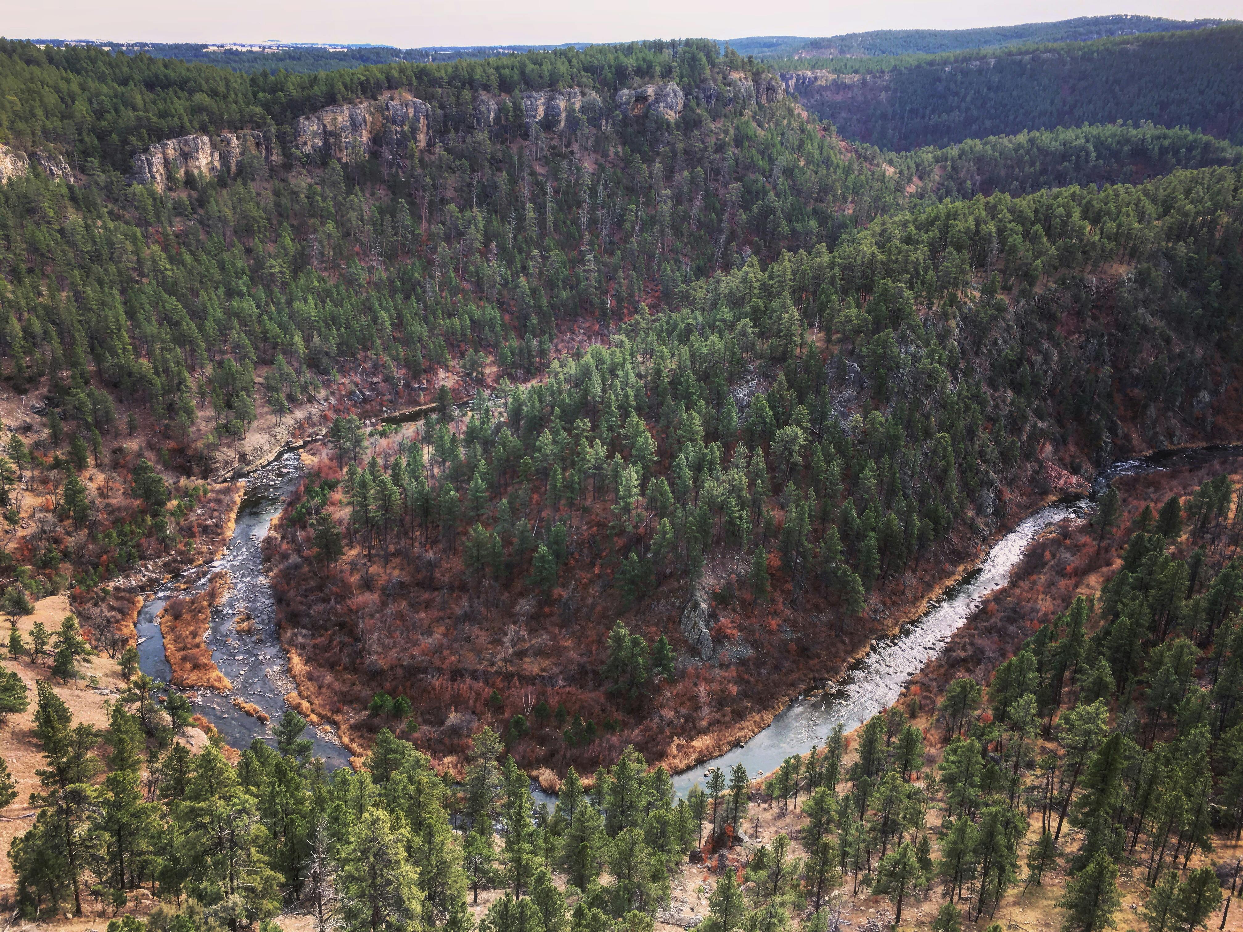 An aerial view of Falling Rock Overlook at Black Hills National Forest.