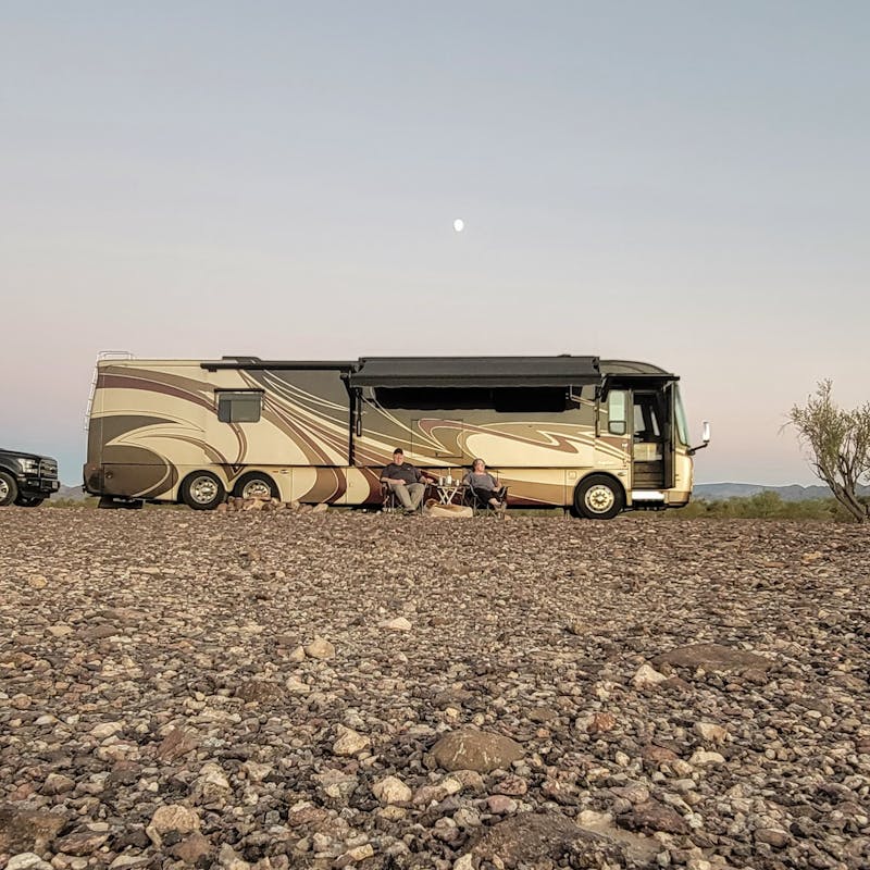 Anne Klump's Entegra Aspire boondocking at dusk