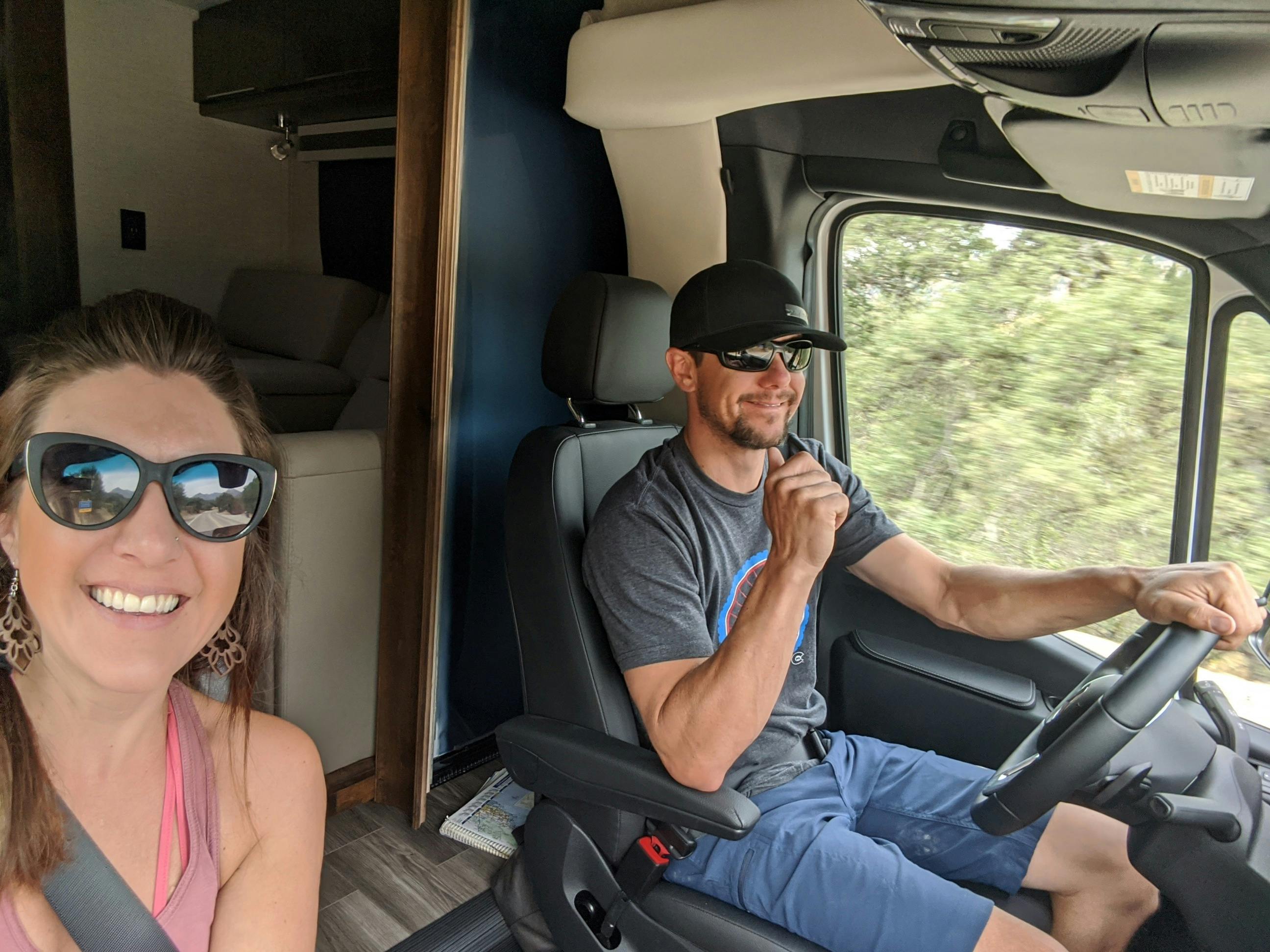 Dustin and Sarah Bauer driving their RV for the first time