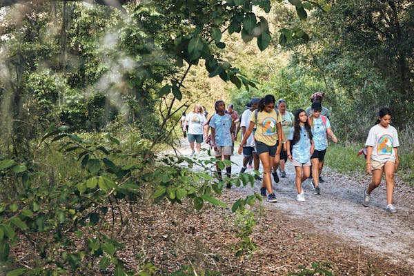 Girl Scouts walking on a nature trail