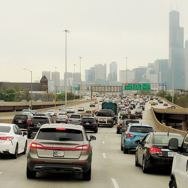 Rush hour traffic on a freeway in Chicago.