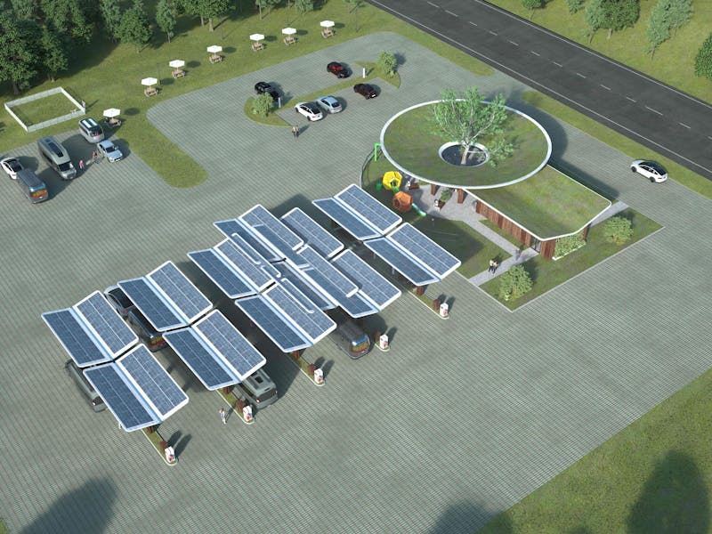 Overhead view of an electric vehicle (EV) charging station