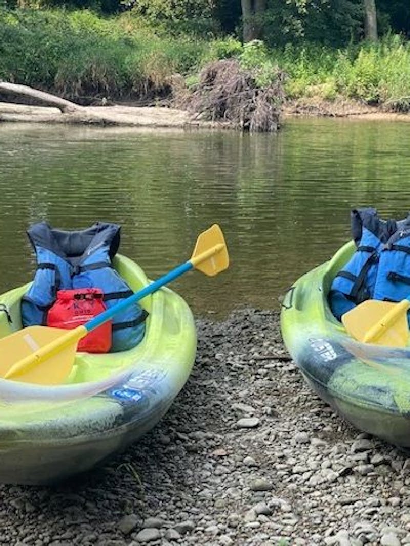 Brandy Gleason's kayaks at the edge of a lake