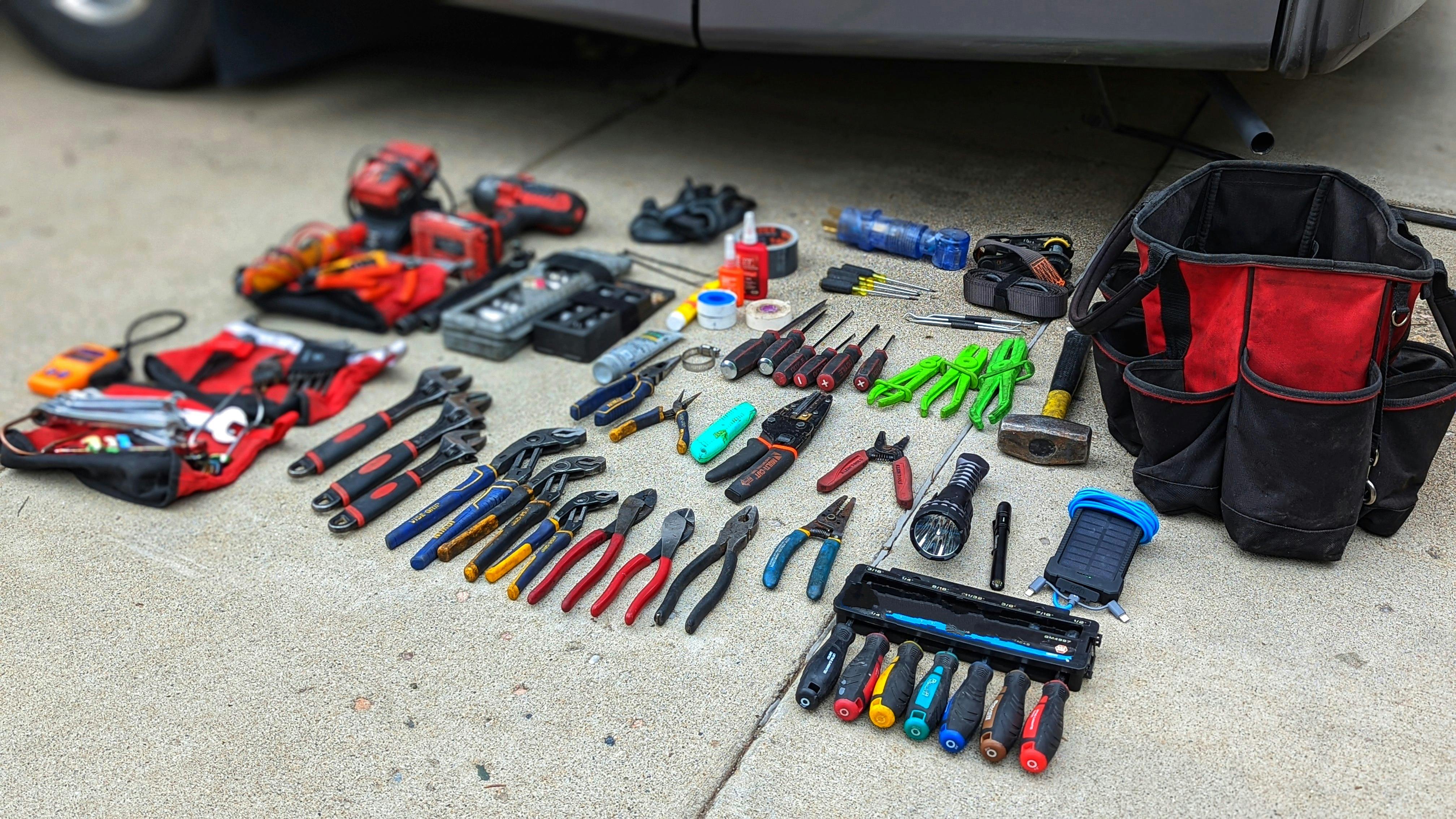 Various tools and supplies in Dustin and Sarah Bauer's emergency tool kit