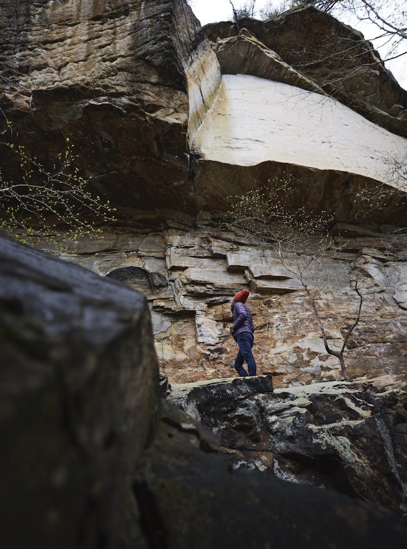 Kathy Karlo looking up at "The Greatest Show" in the New River Gorge in West Virginia