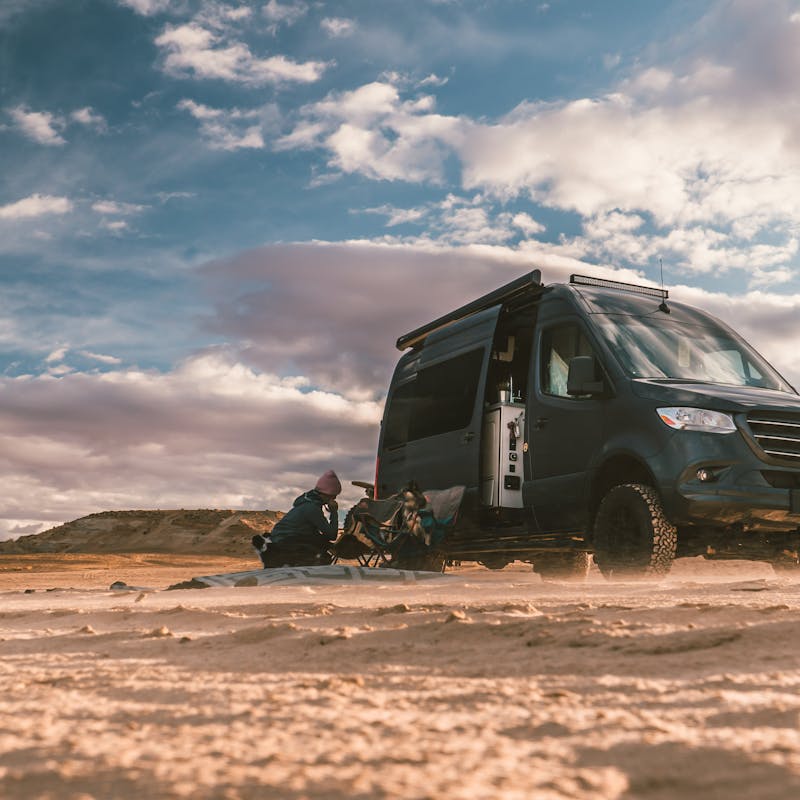A Class B van parked in the desert