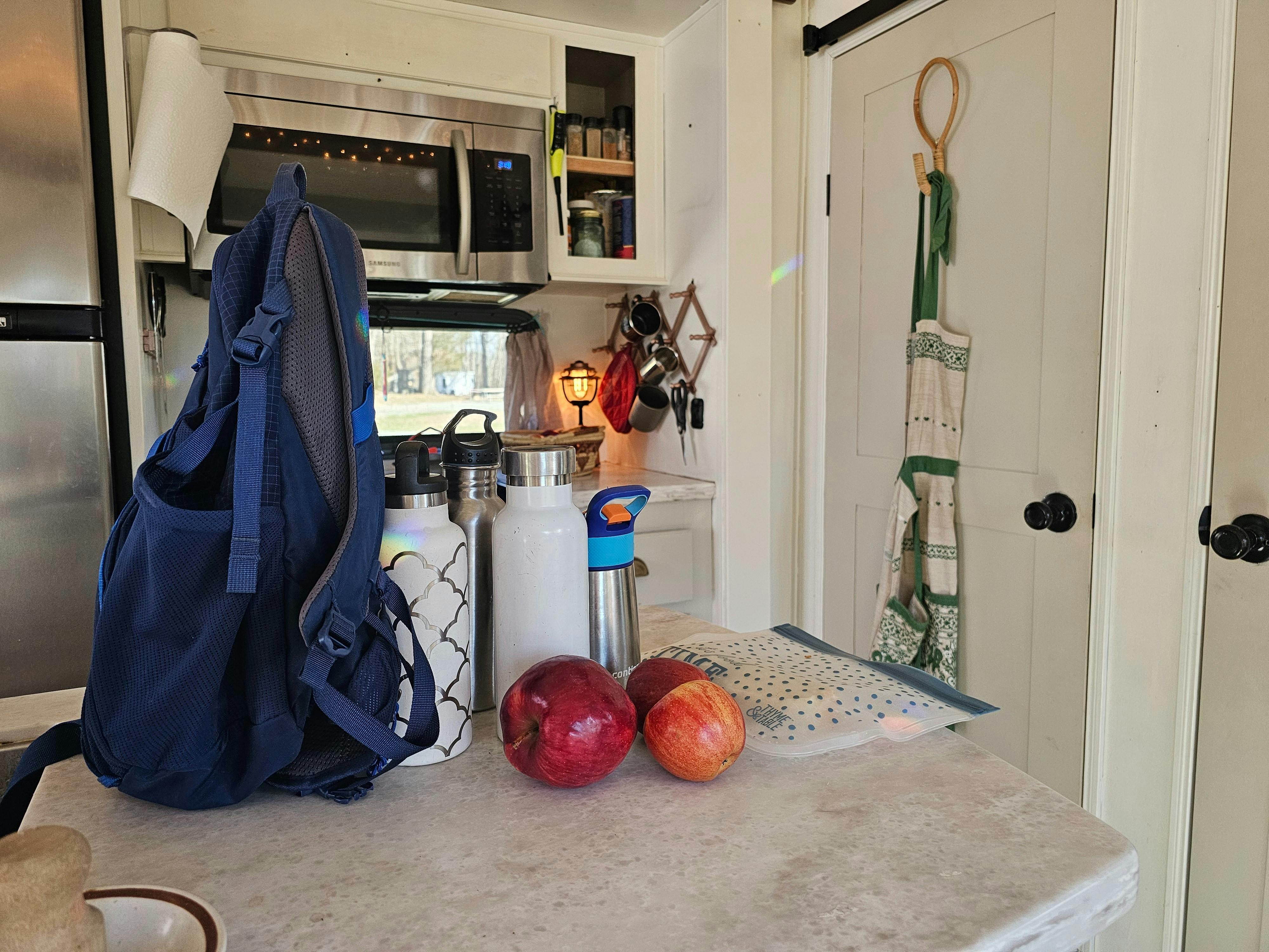 An emergency bag sitting on the kitchen countertop of JC and Bibi Barringer's KZ Durango fifth wheel.