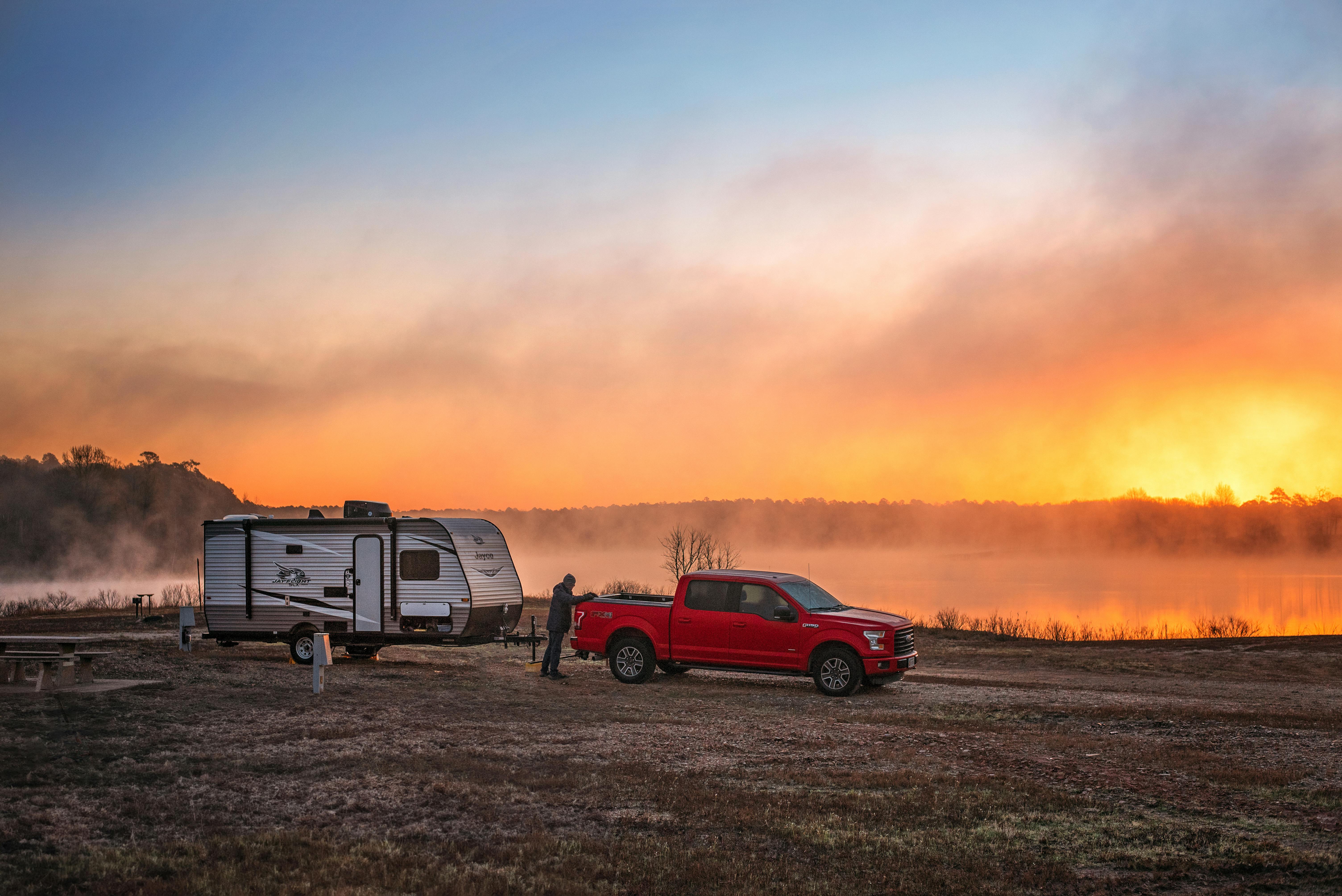 The Takacs family Jayco Jay Flight travel trailer at an Army Corps of Engineer park.