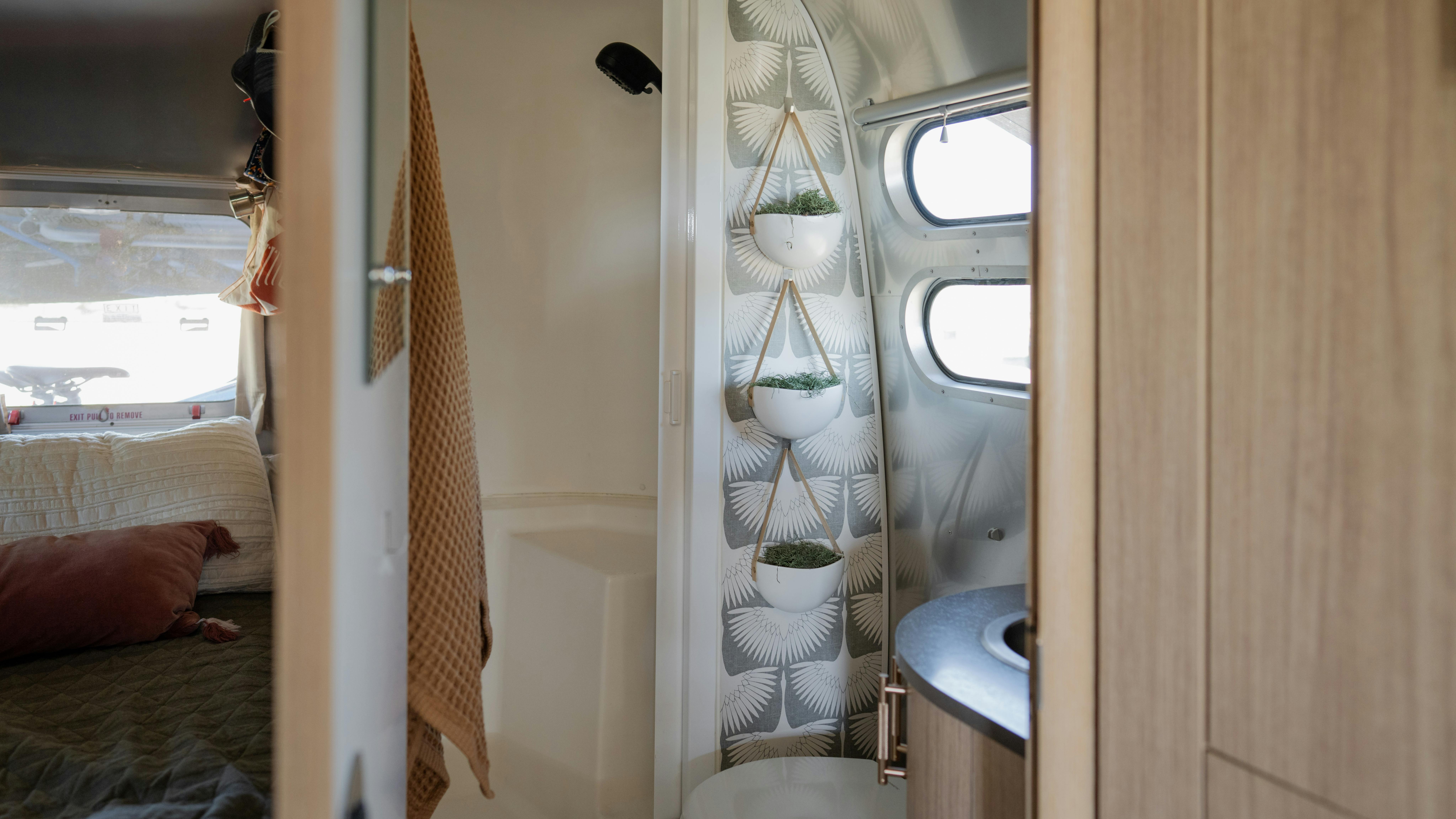 The bathroom inside Karen Blue's Airstream Flying Cloud.