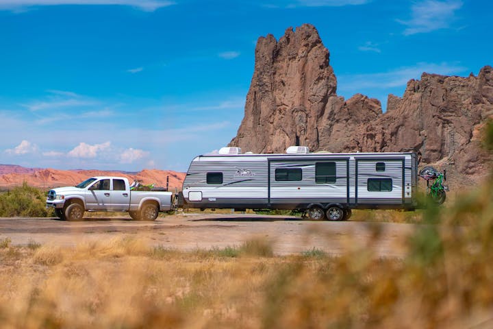 Renee Tilby's Jayco Jay Flight travel trailer in the desert.