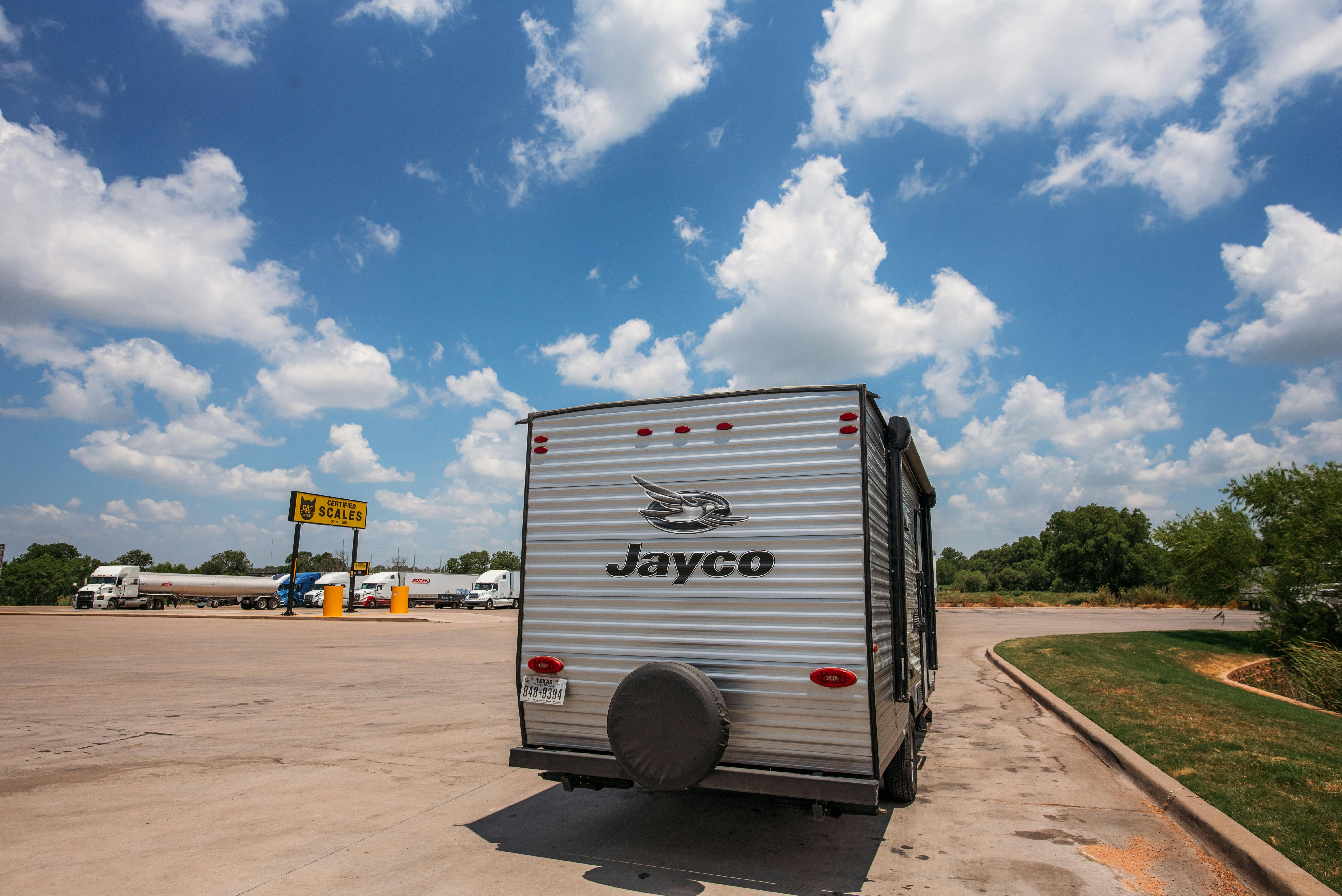 The Takacs' Jayco Jay Flight at a CAT scale.