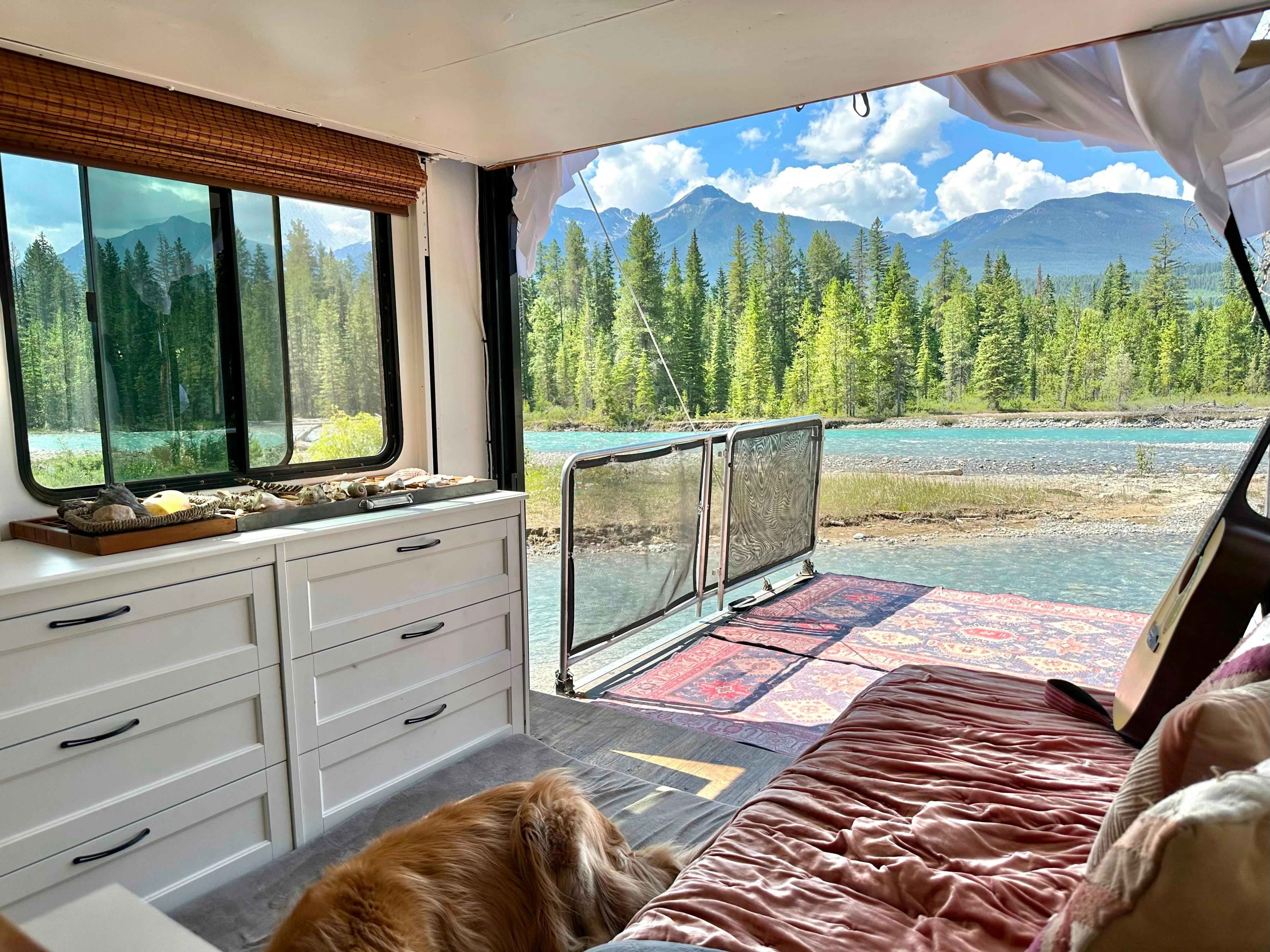 The Lahr's Heartland Torque toy hauler at a scenic boondocking site.