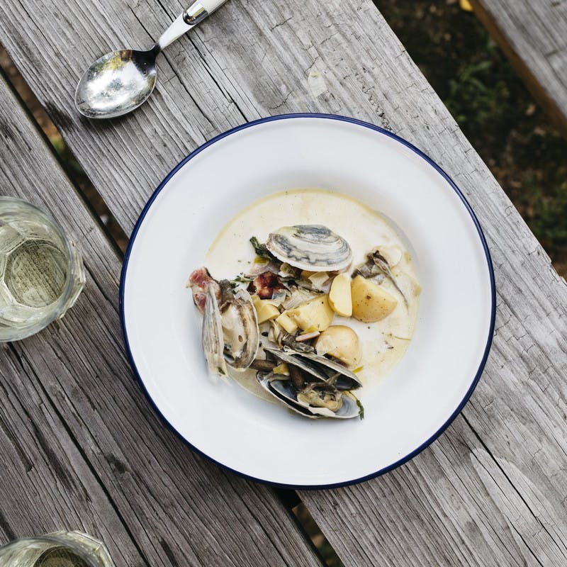 A pretty shot of clam chowder in a white bowl, with a few clams left in their shells for visual interest.