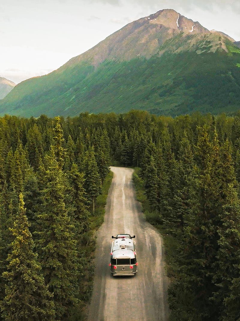 Stacey Power's Airstream driving through a forest towards a mountain