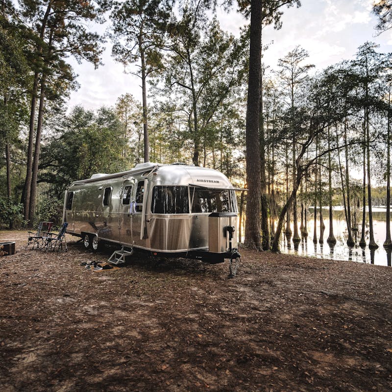An Airstream classic boondocking by a marshy lake