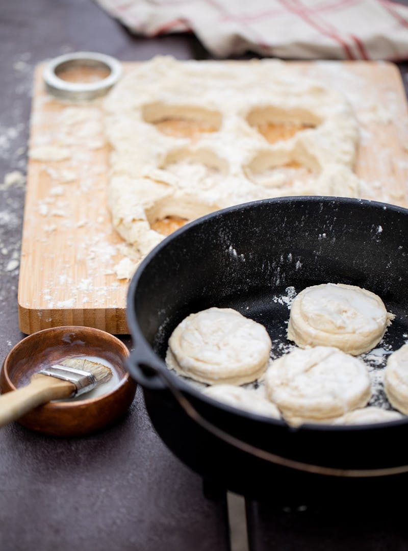 Biscuits ready to bake in a dutch oven.