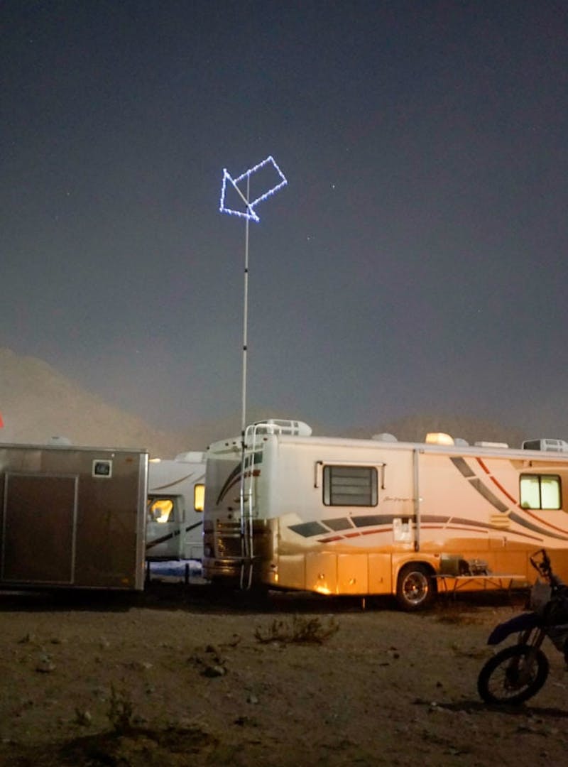 An RV parked at night.