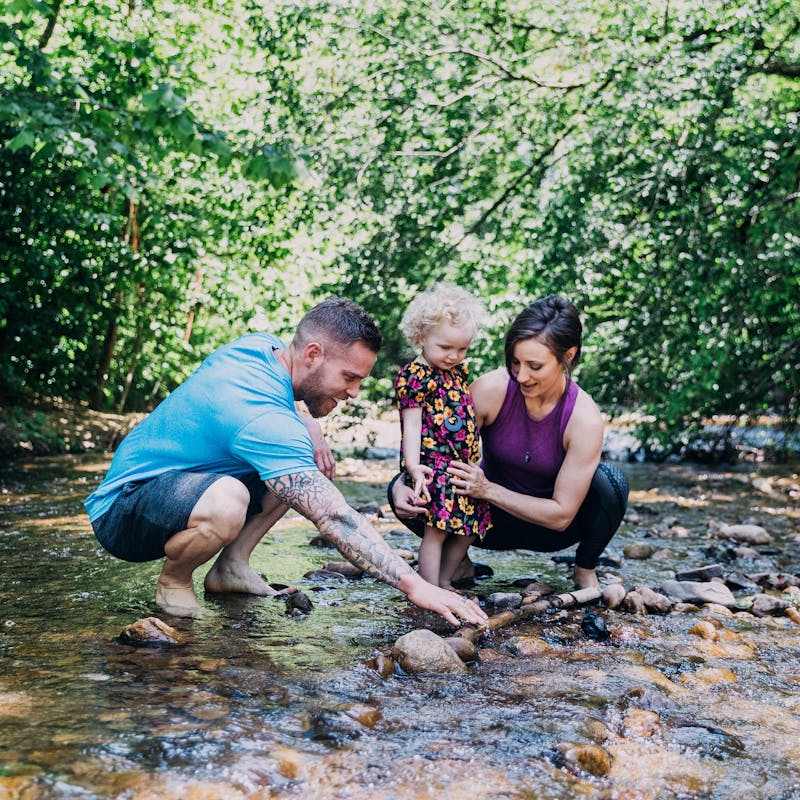 A mom, dad and young daughter playing in a shallow stream.